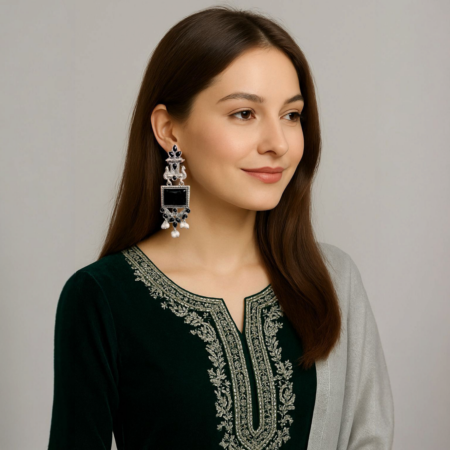 Noir Emerald Earrings - German Silver Earrings