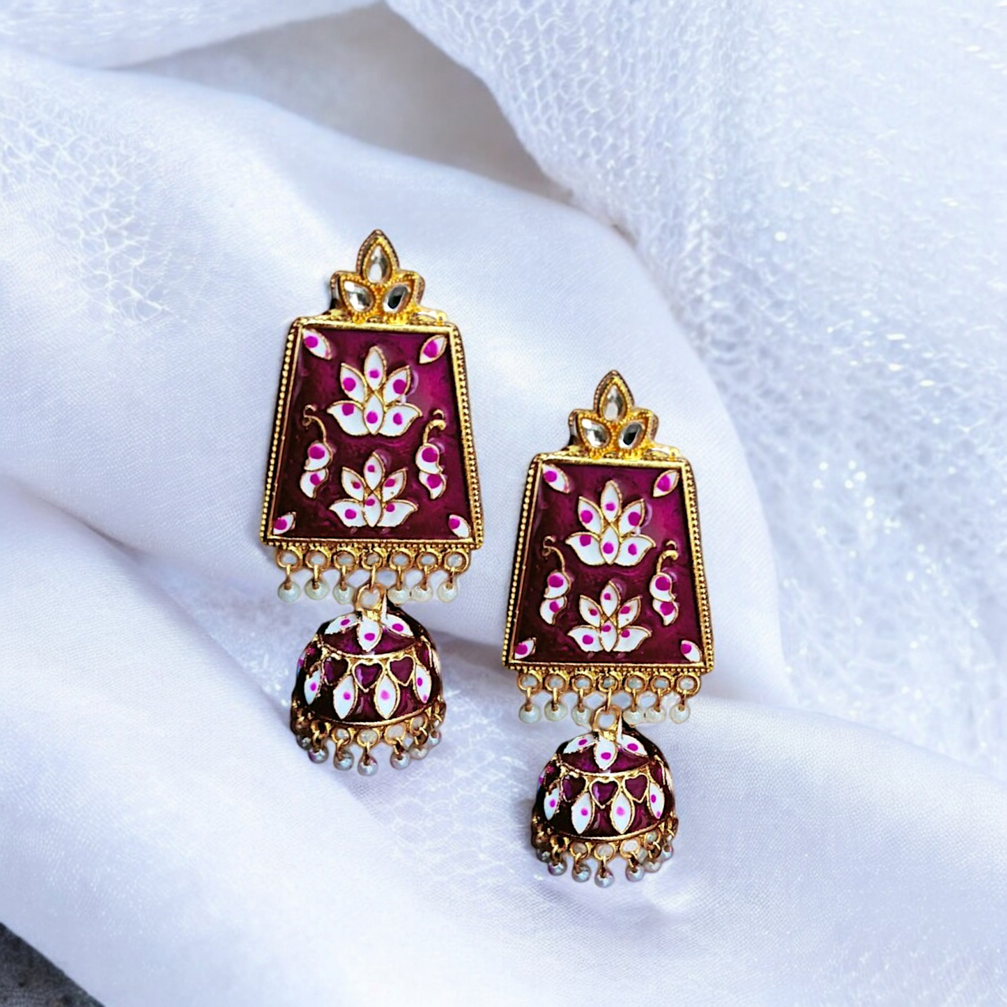 Meadow Enamel Jhumkas – Emerald Blush Earrings