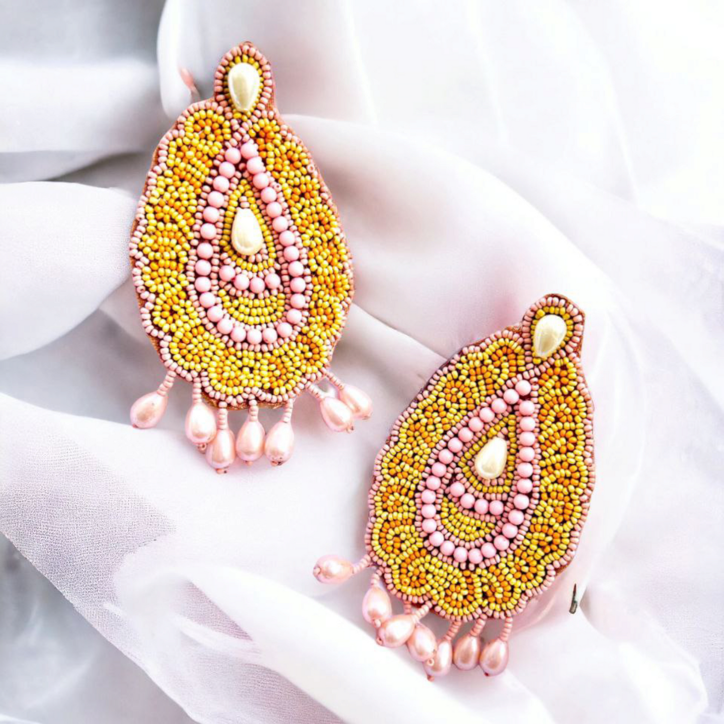 Golden Rosé Bloom Beaded Handcrafted Earrings