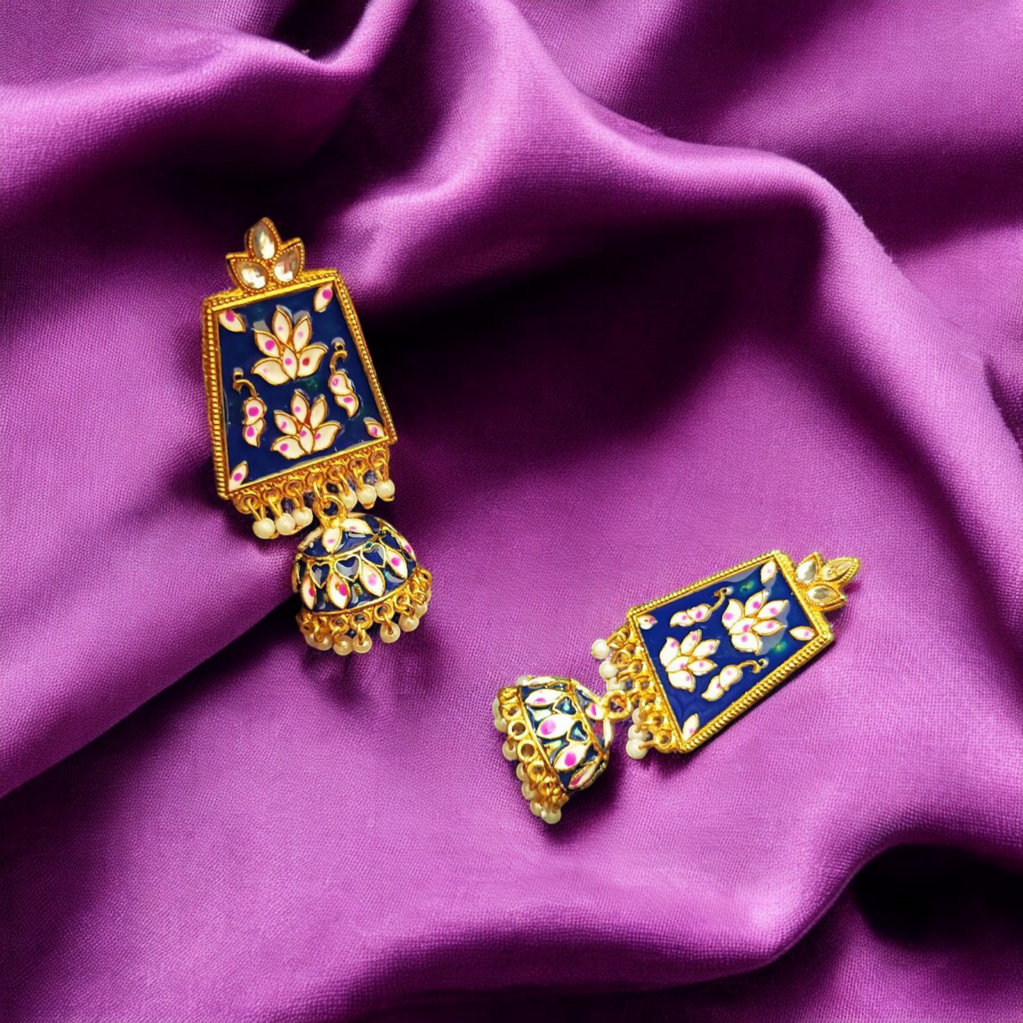 Meadow Enamel Jhumkas – Emerald Blush Earrings