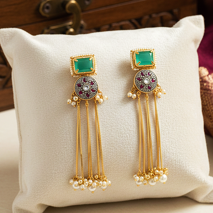 Emerald Kashmir Antique Pearl Earrings