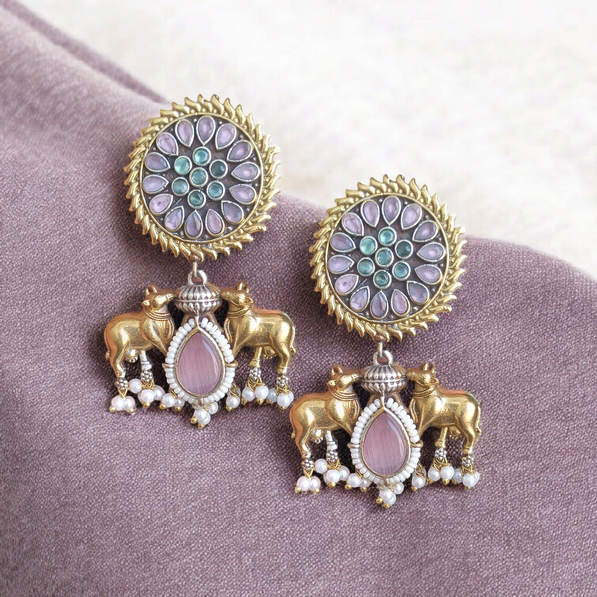 Carved Gold Motif Nandi Earrings