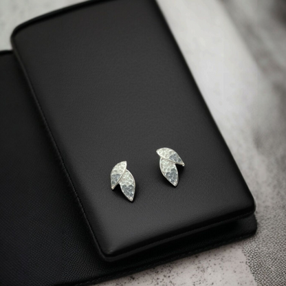 Silver Leaf Stud Earrings with handcrafted texture