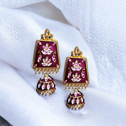 Meadow Enamel Jhumkas – Emerald Blush Earrings