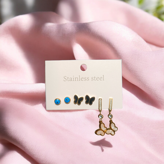 Earring Trio: Elegant butterfly drops, petite studs, and charming butterfly studs - Stainless Steel