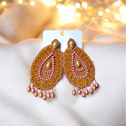 Golden Rosé Bloom Beaded Handcrafted Earrings