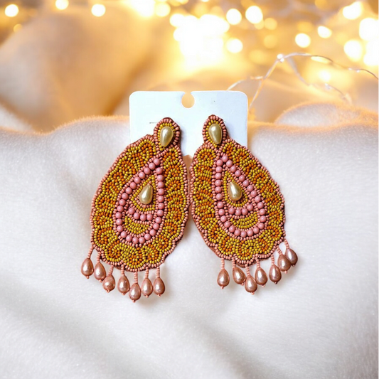 Golden Rosé Bloom Beaded Handcrafted Earrings