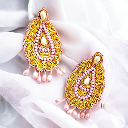 Golden Rosé Bloom Beaded Handcrafted Earrings