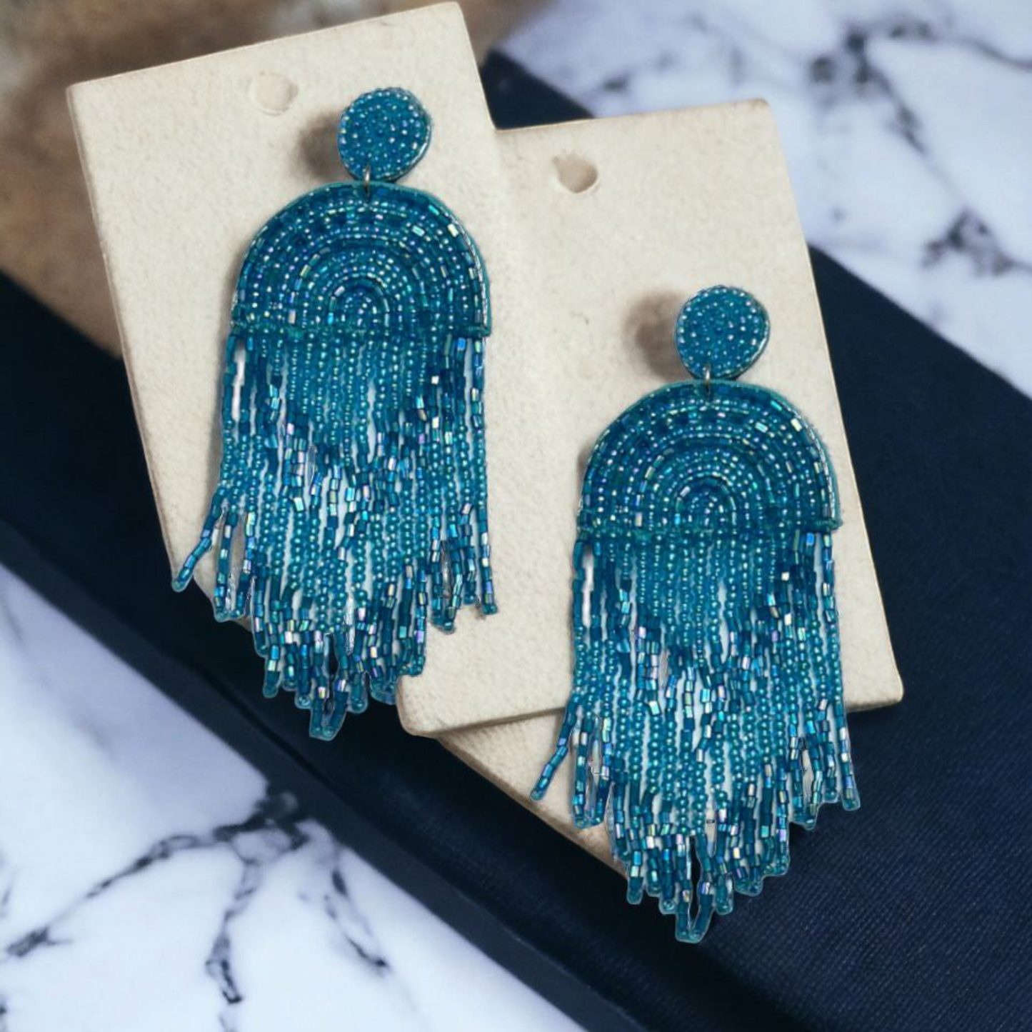 Blue Beaded Fringe Earrings